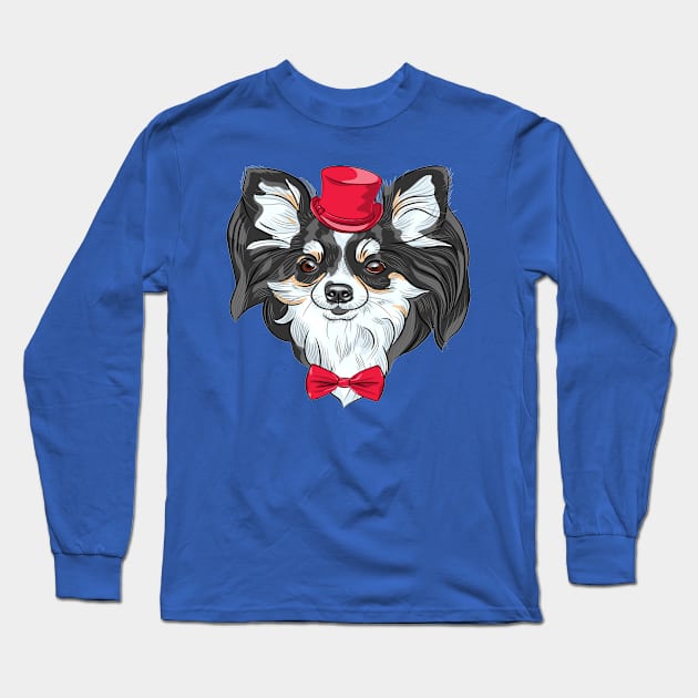 color sketch of the cute hipster dog Chihuahua in the red hat with bow tie Long Sleeve T-Shirt by amramna